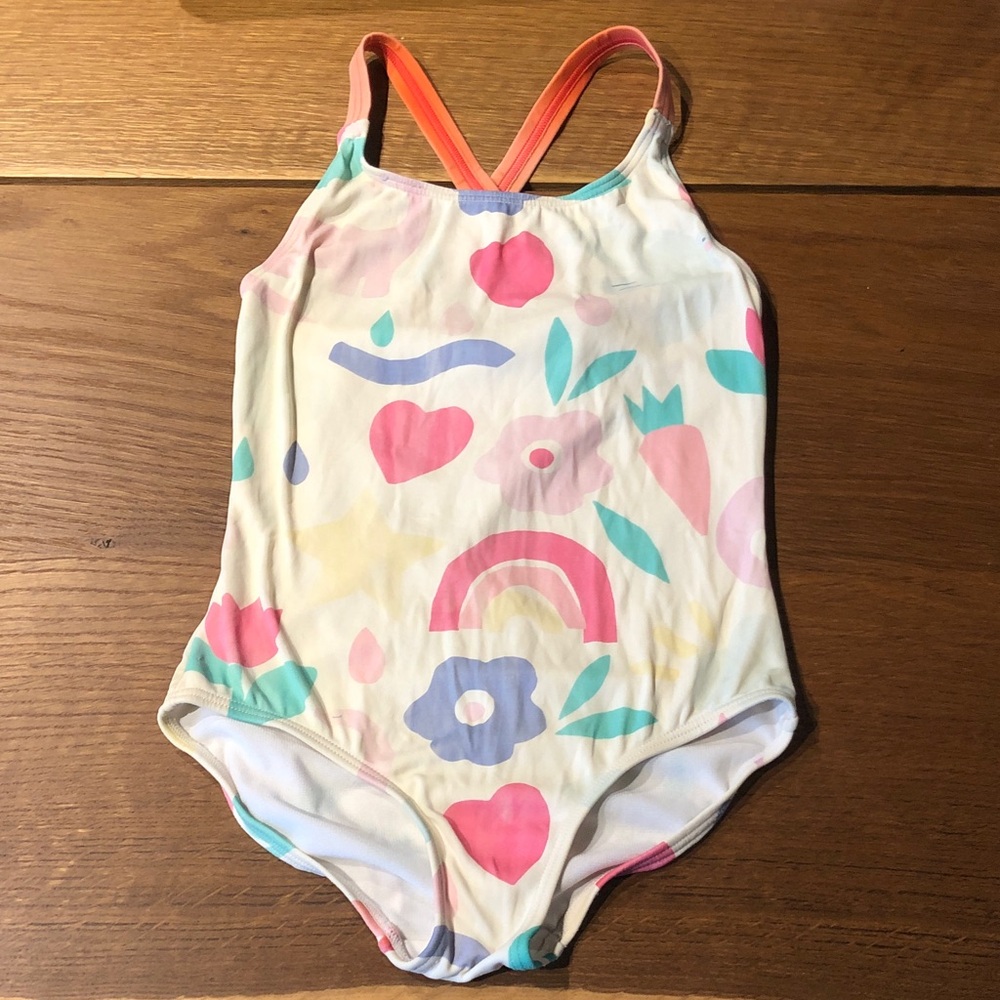 Mini Boden pastel Rainbow & Floral One-Piece Swimsuit with Coral Cross Straps